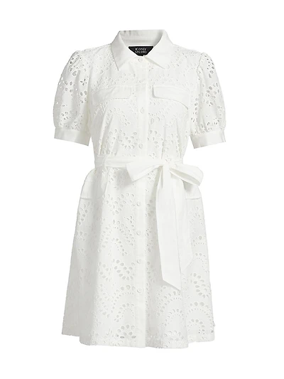 Eyelet Cotton Tie-Waist Mini-Shirtdress