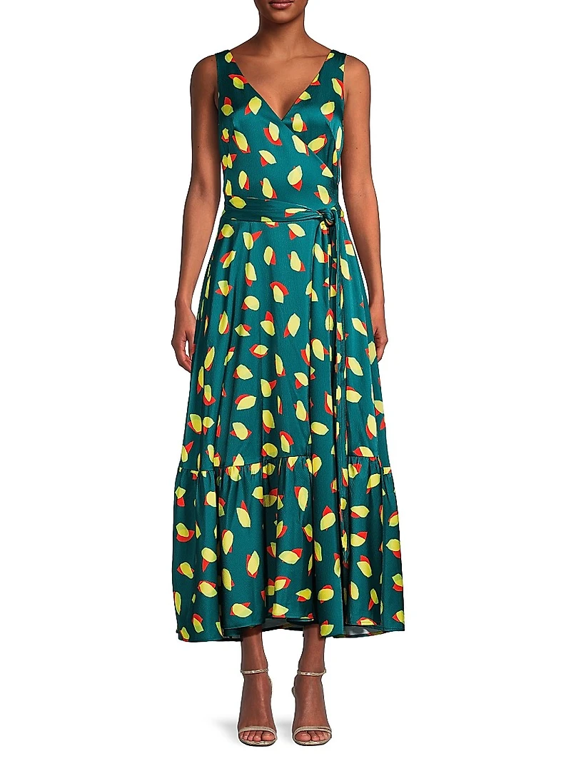 Everyday Tropics Flirty Satin Wrap Maxi Dress