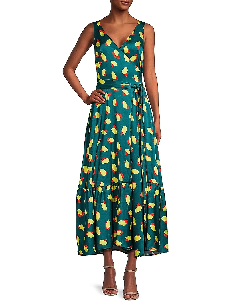 Everyday Tropics Flirty Satin Wrap Maxi Dress