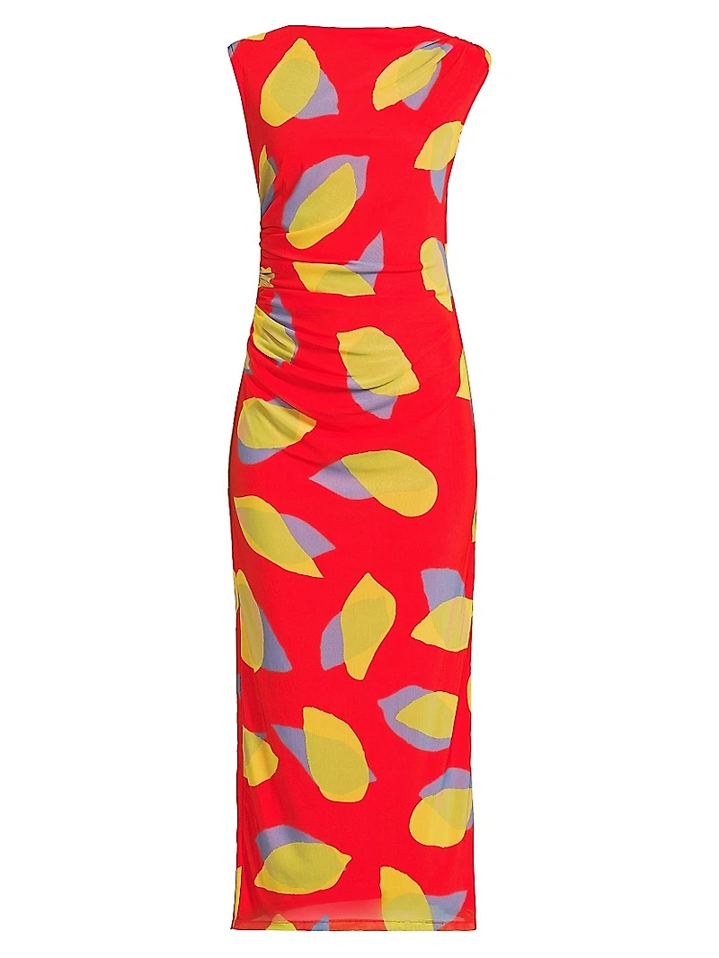 Everyday Tropics Ruched Mesh Midi-Dress