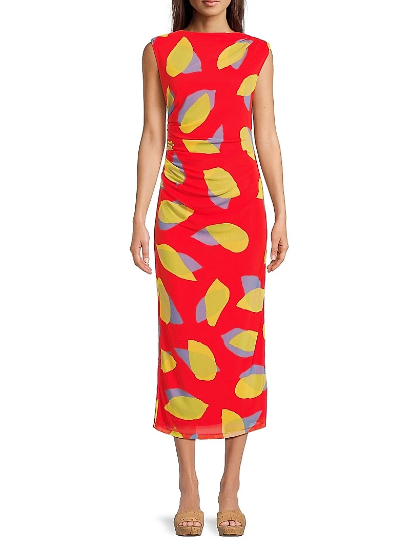 Everyday Tropics Ruched Mesh Midi-Dress