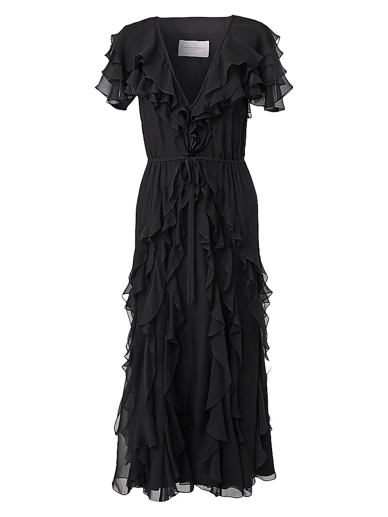 Ruffled Silk V-Neck Midi-Dress