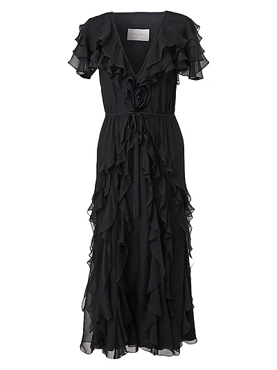 Ruffled Silk V-Neck Midi-Dress