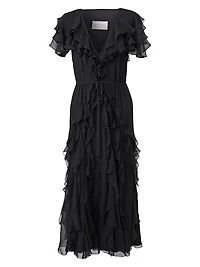 Ruffled Silk V-Neck Midi-Dress