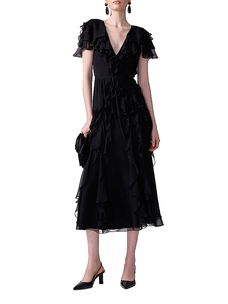 Ruffled Silk V-Neck Midi-Dress