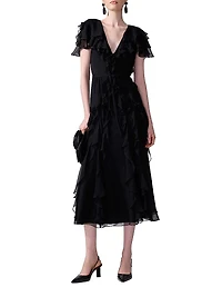 Ruffled Silk V-Neck Midi-Dress