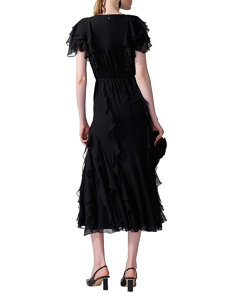 Ruffled Silk V-Neck Midi-Dress