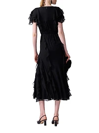 Ruffled Silk V-Neck Midi-Dress