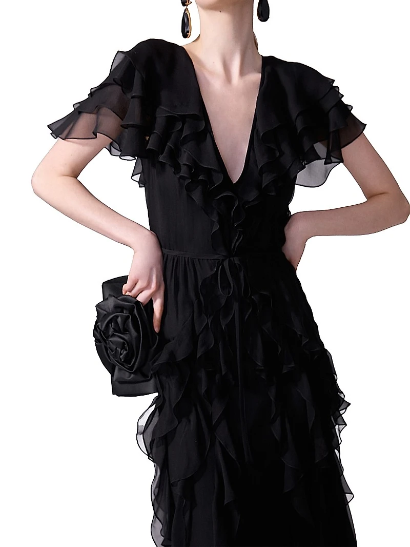 Ruffled Silk V-Neck Midi-Dress