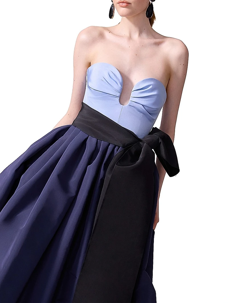 Colorblocked Silk Sash Strapless Gown