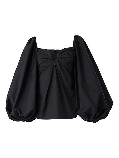 Cotton-Blend Balloon-Sleeve Sweetheart Blouse