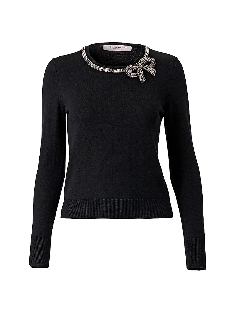 Crystal Bow-Embellished Silk-Cotton Knit Sweater