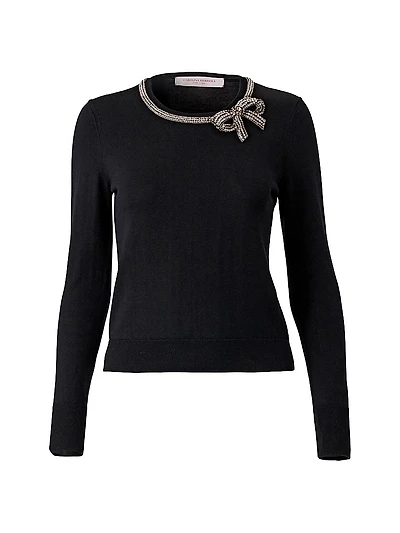 Crystal Bow-Embellished Silk-Cotton Knit Sweater