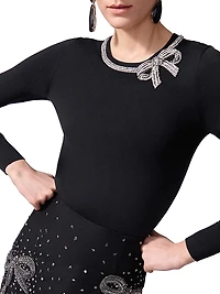 Crystal Bow-Embellished Silk-Cotton Knit Sweater