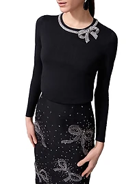Crystal Bow-Embellished Silk-Cotton Knit Sweater