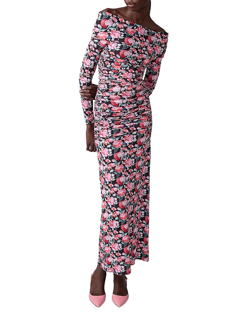 Ruched Floral Off-The-Shoulder Gown