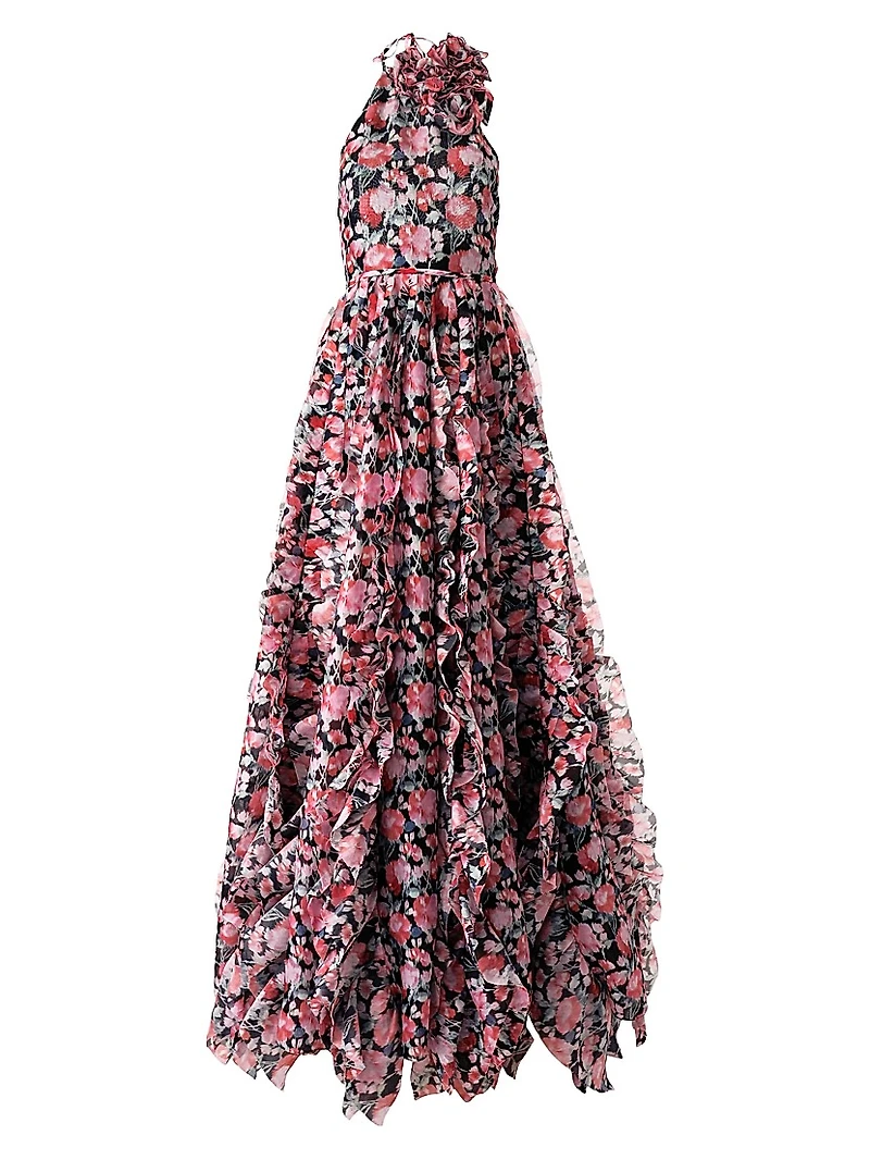 Ruffled Floral Silk Halterneck Gown