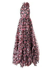 Ruffled Floral Silk Halterneck Gown