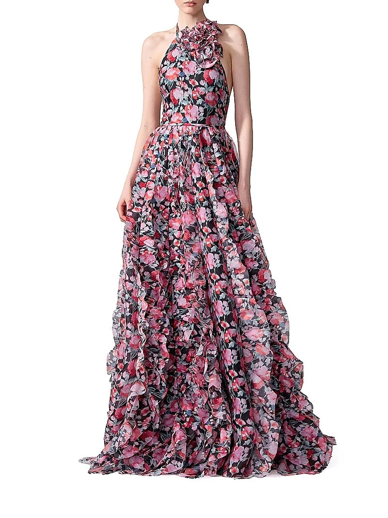 Ruffled Floral Silk Halterneck Gown