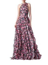 Ruffled Floral Silk Halterneck Gown
