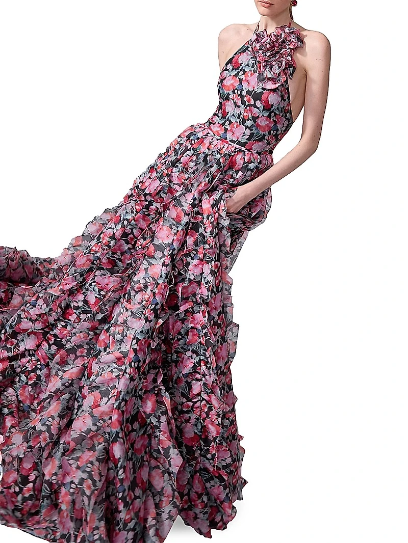Ruffled Floral Silk Halterneck Gown
