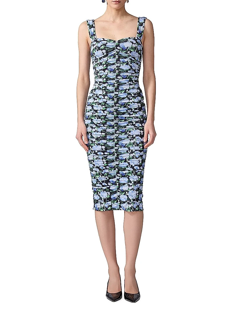 Ruched Floral Sweetheart Midi-Dress