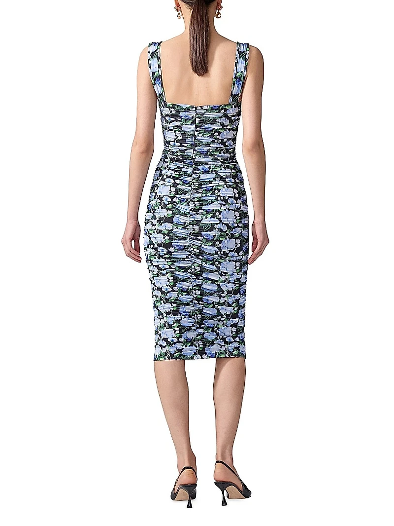 Ruched Floral Sweetheart Midi-Dress