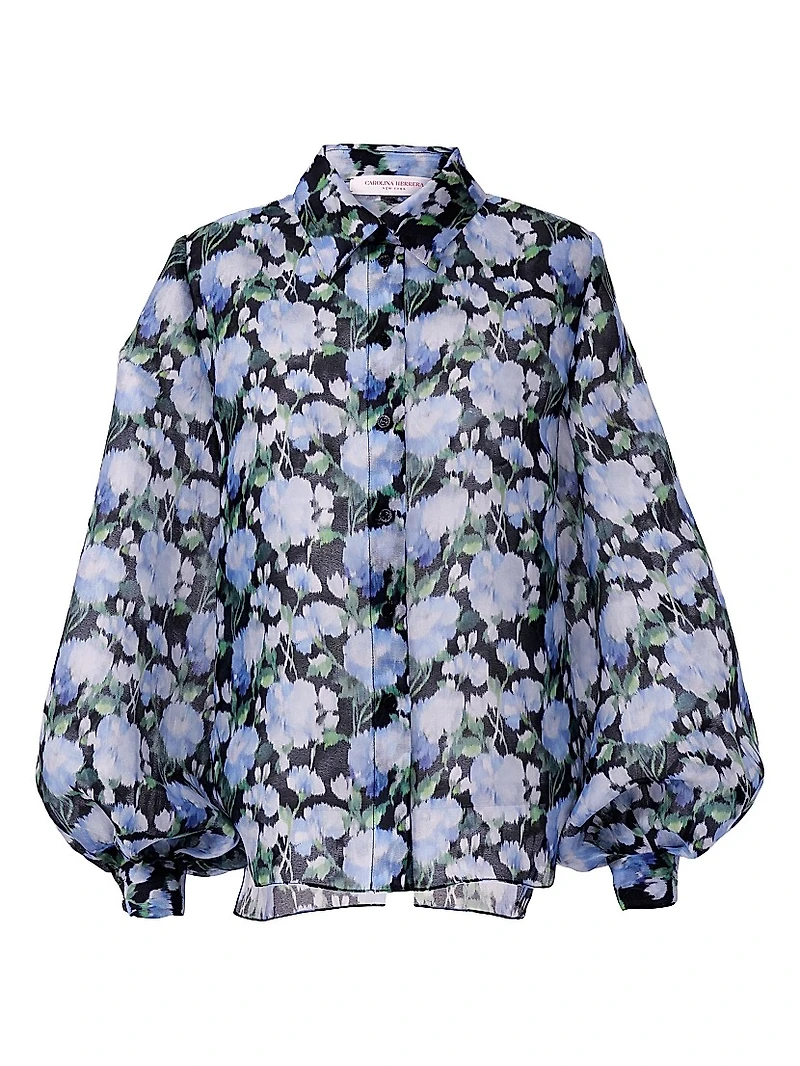Floral Silk Balloon-Sleeve Button-Front Blouse