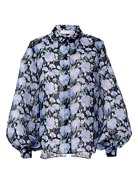 Floral Silk Balloon-Sleeve Button-Front Blouse