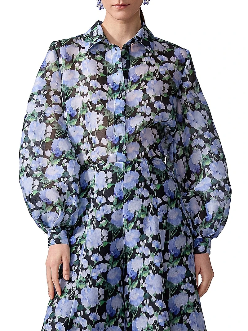 Floral Silk Balloon-Sleeve Button-Front Blouse