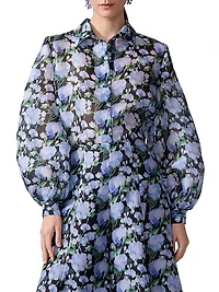 Floral Silk Balloon-Sleeve Button-Front Blouse