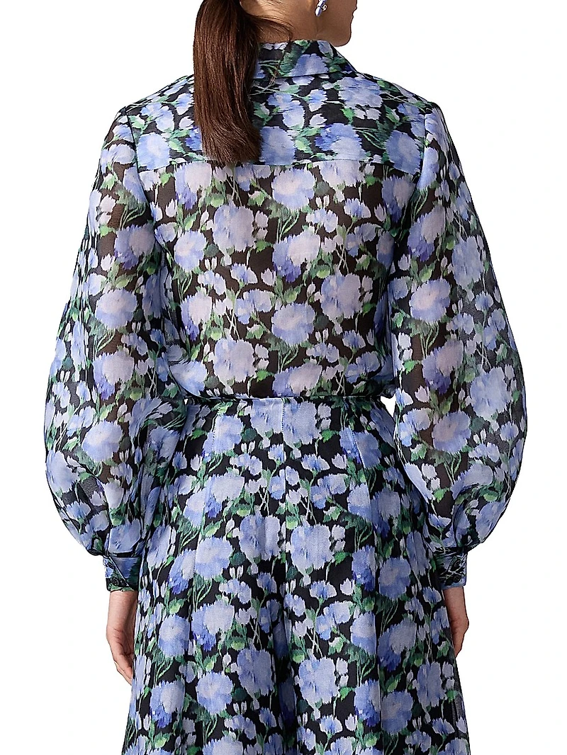 Floral Silk Balloon-Sleeve Button-Front Blouse