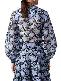 Floral Silk Balloon-Sleeve Button-Front Blouse