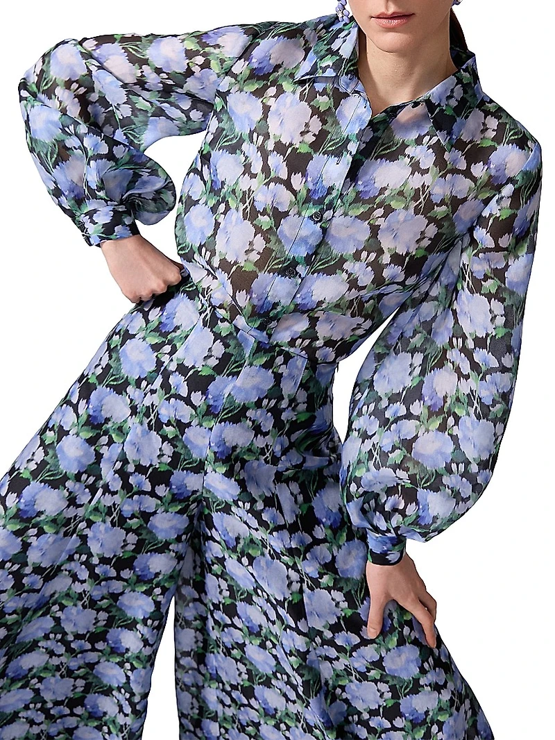 Floral Silk Balloon-Sleeve Button-Front Blouse