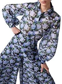 Floral Silk Balloon-Sleeve Button-Front Blouse