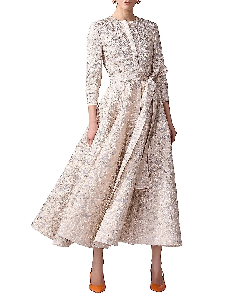 Metallic Jacquard Tie-Waist Trench-Style Midi-Dress