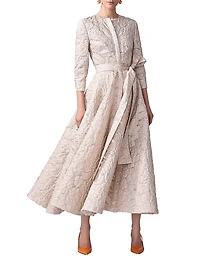 Metallic Jacquard Tie-Waist Trench-Style Midi-Dress