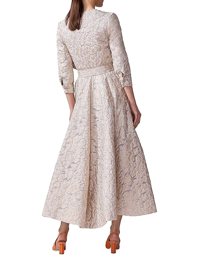 Metallic Jacquard Tie-Waist Trench-Style Midi-Dress