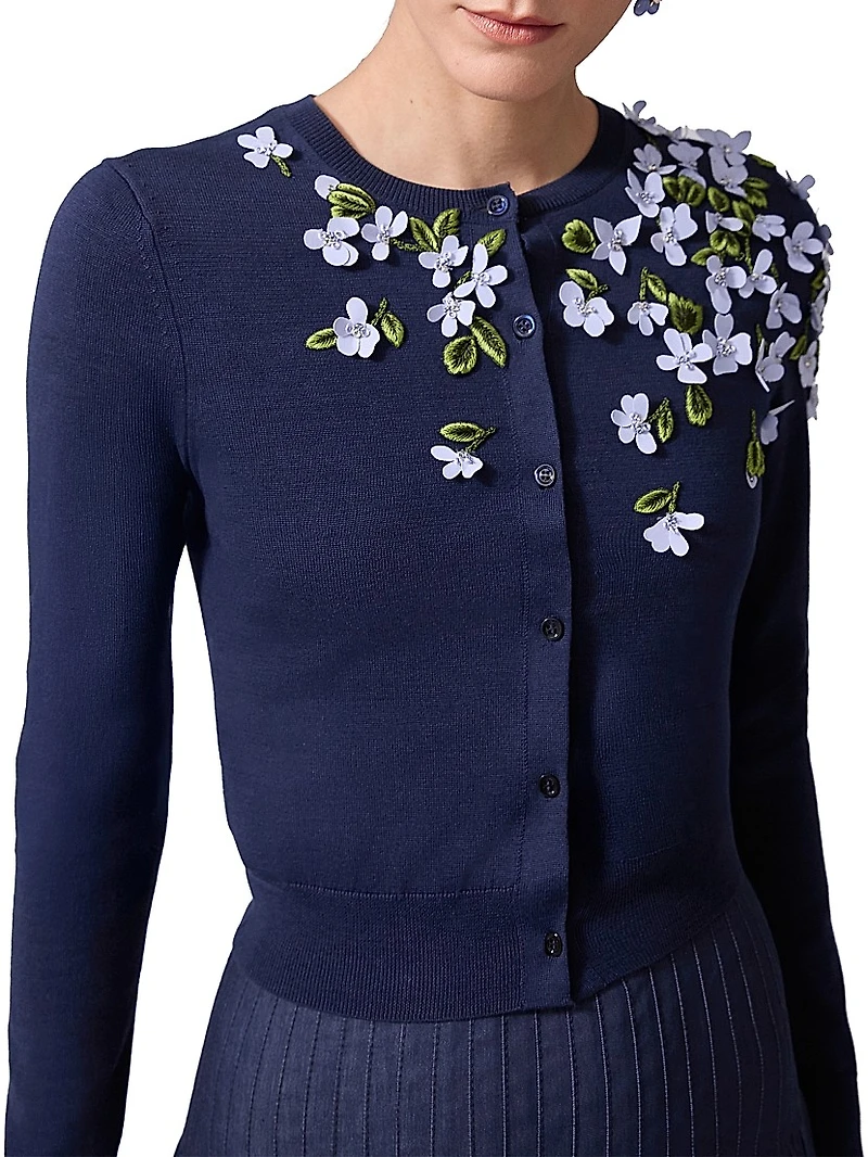 Embellished Silk-Cotton Knit Crewneck Cardigan