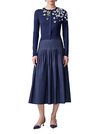 Embellished Silk-Cotton Knit Crewneck Cardigan