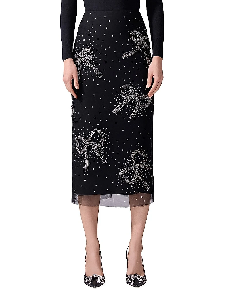 Bow Sequin-Embellished Column Midi-Skirt