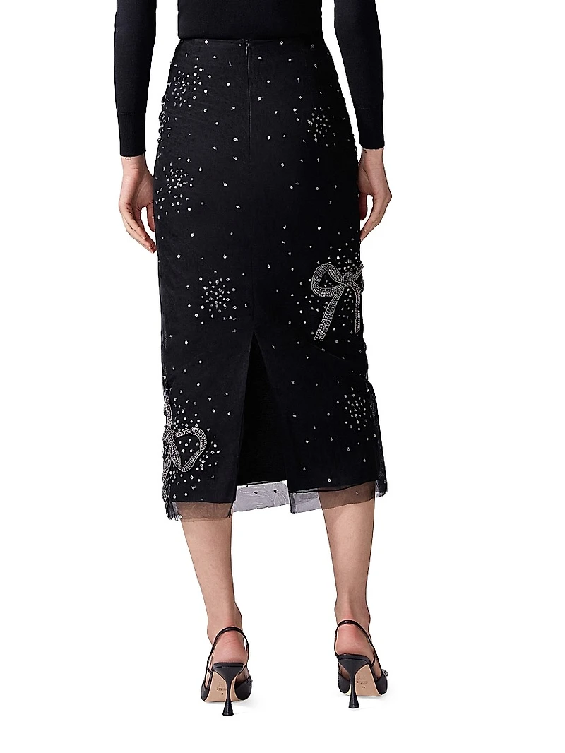 Bow Sequin-Embellished Column Midi-Skirt
