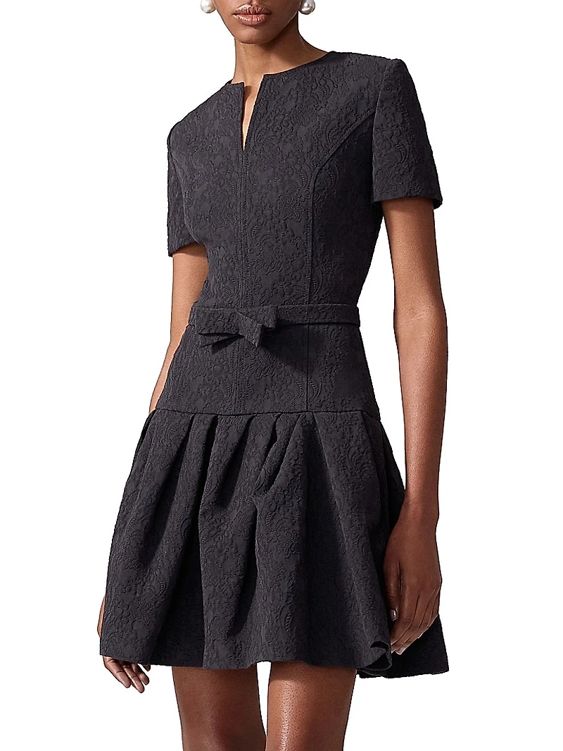 Pleated Jacquard Bow Minidress