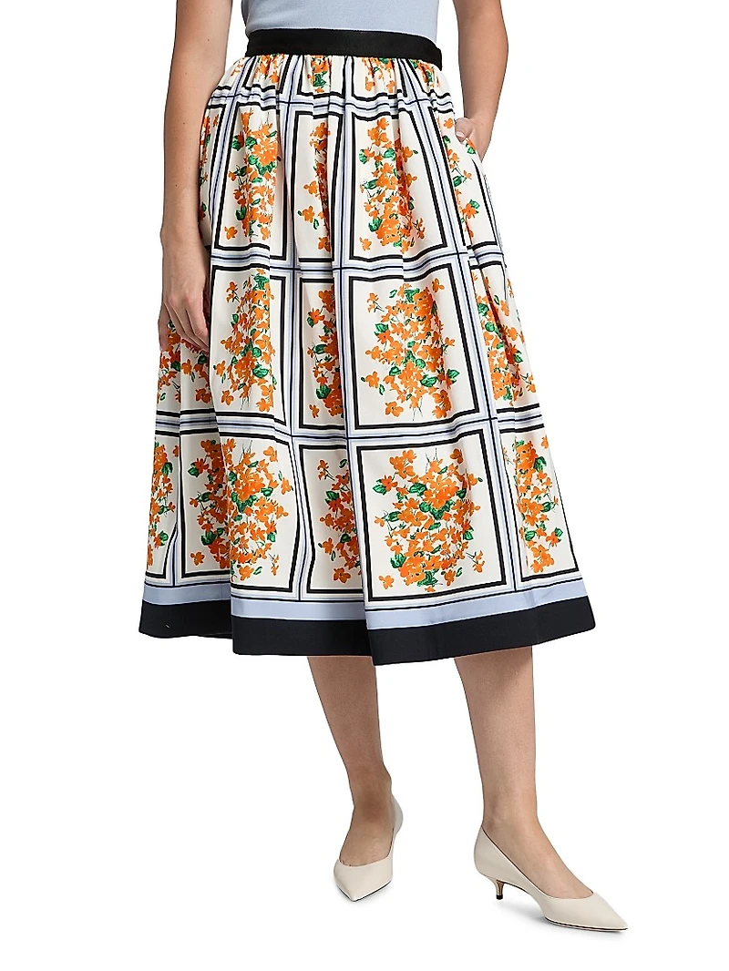Cotton-Blend Floral Midi-Skirt