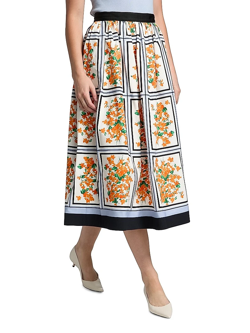 Cotton-Blend Floral Midi-Skirt