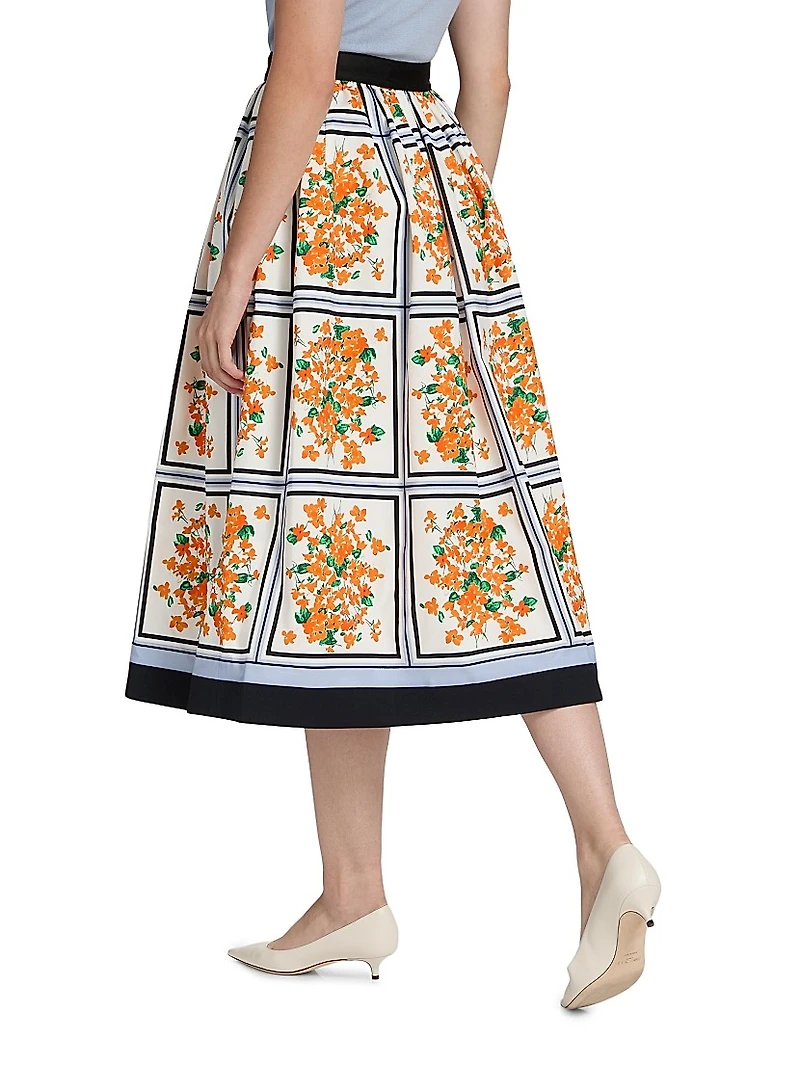 Cotton-Blend Floral Midi-Skirt