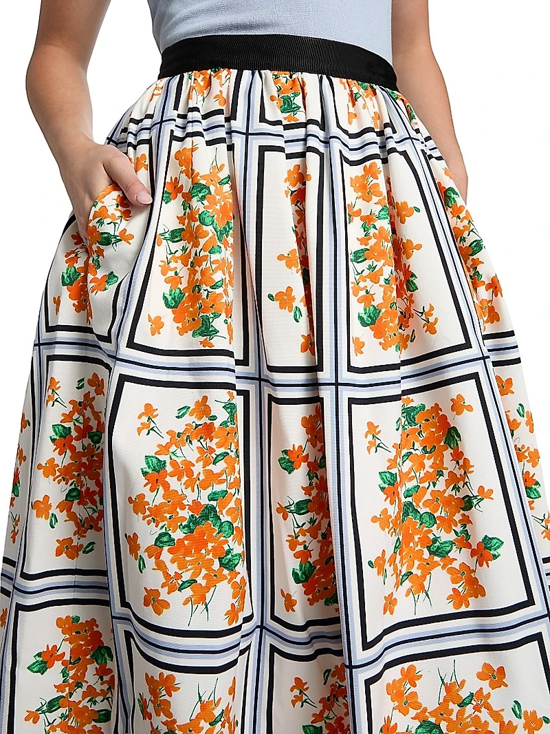 Cotton-Blend Floral Midi-Skirt