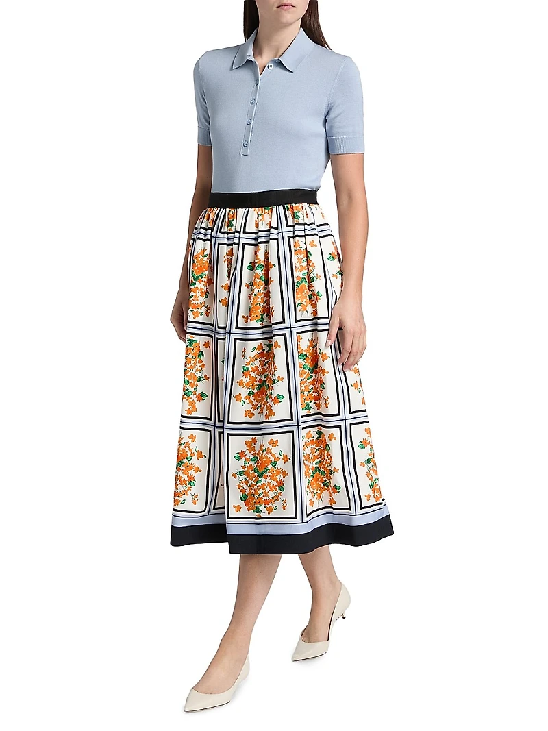 Cotton-Blend Floral Midi-Skirt