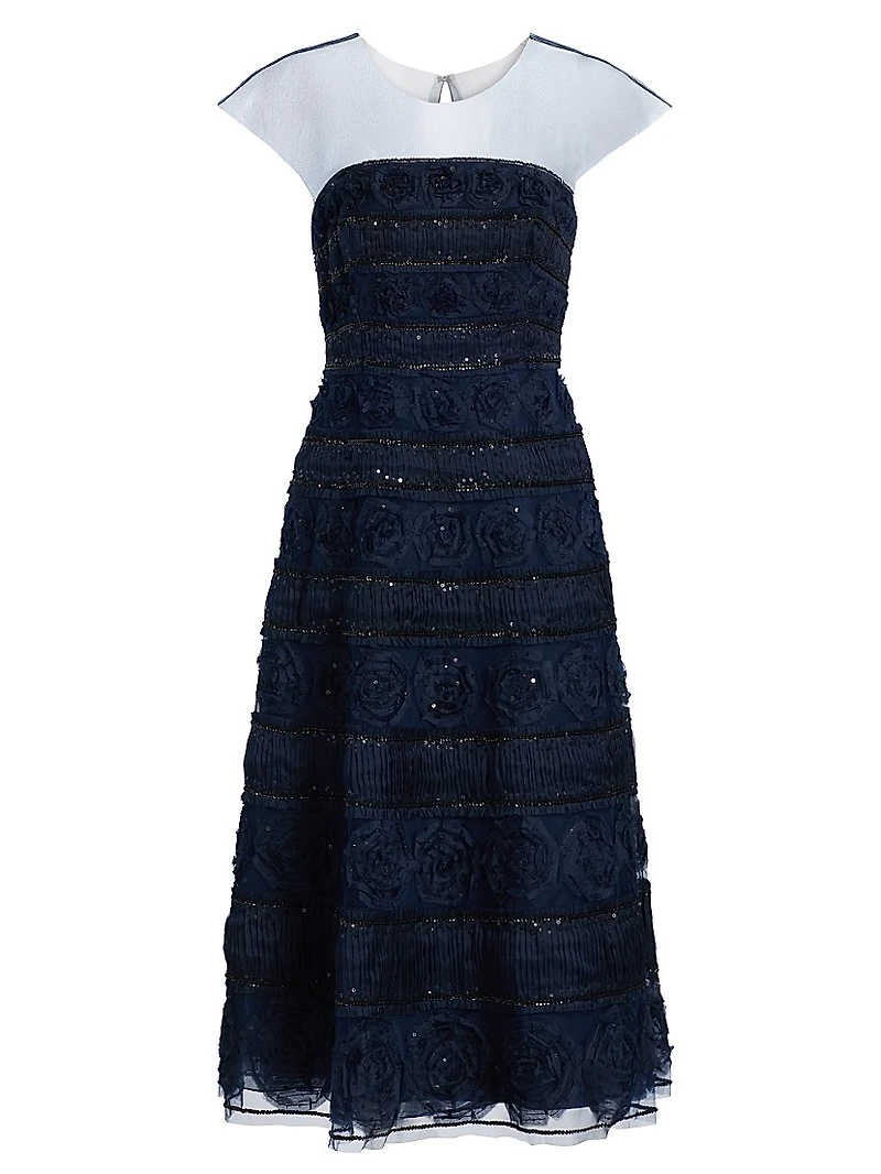 Embellished Tulle Cap-Sleeve Midi-Dress