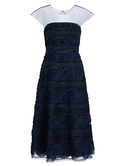Embellished Tulle Cap-Sleeve Midi-Dress